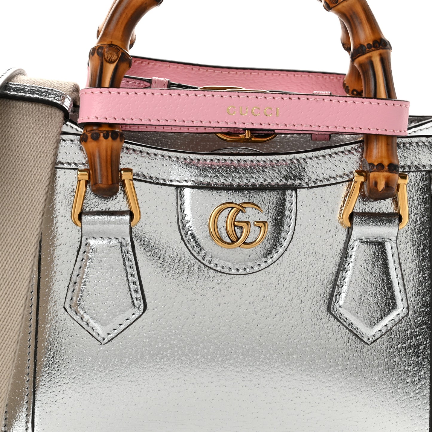 Textured Calfskin Mini Diana Tote Bag Silver Sugar Pink