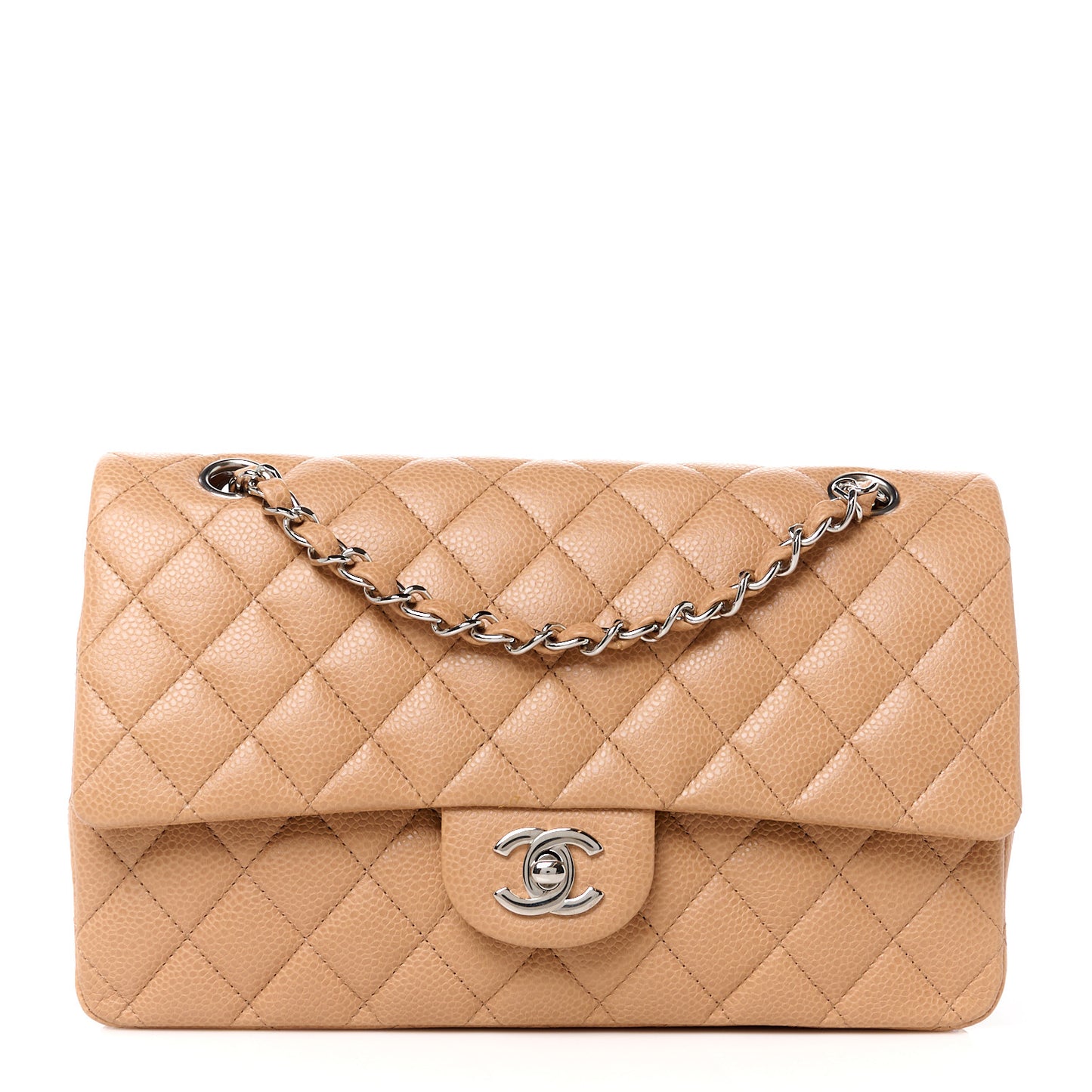 Caviar Quilted Medium Double Flap Beige