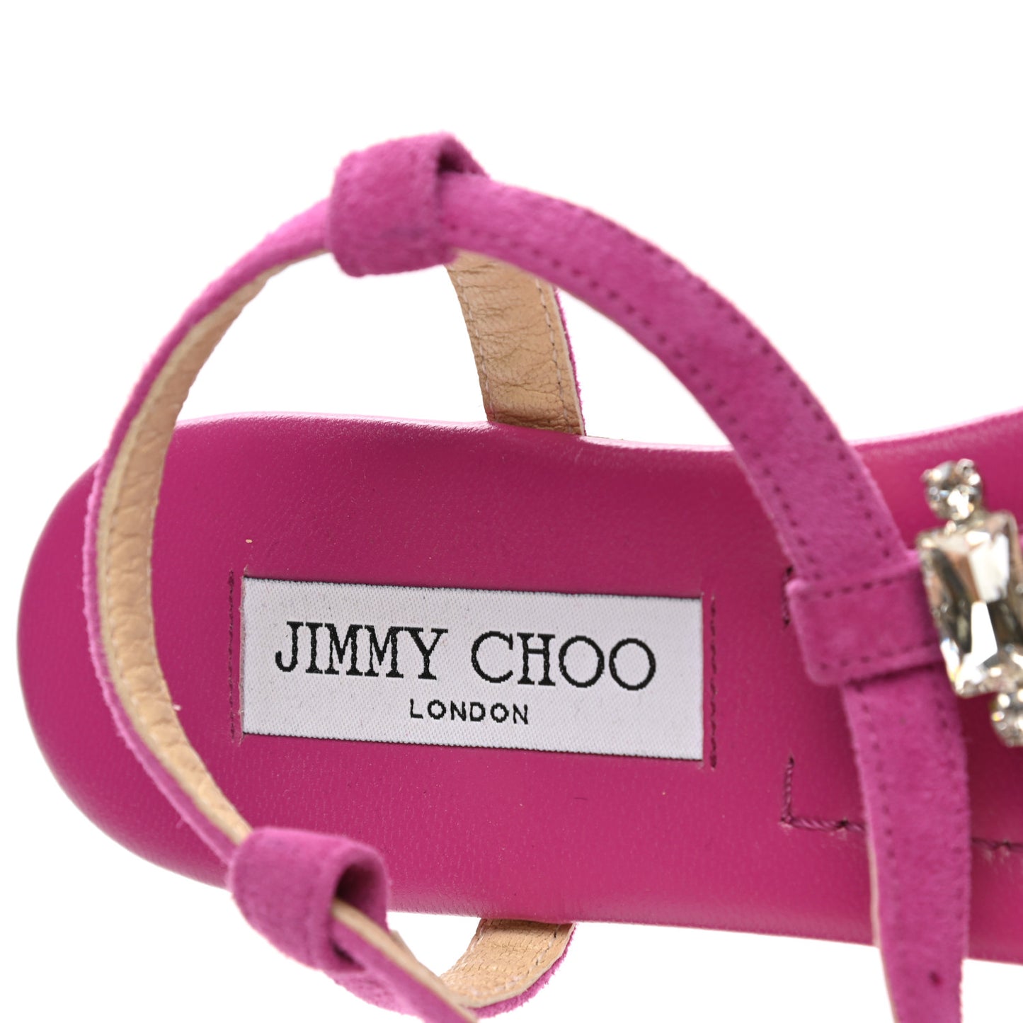 Suede Crystal T-Strap Flat Sandals 40 Magenta