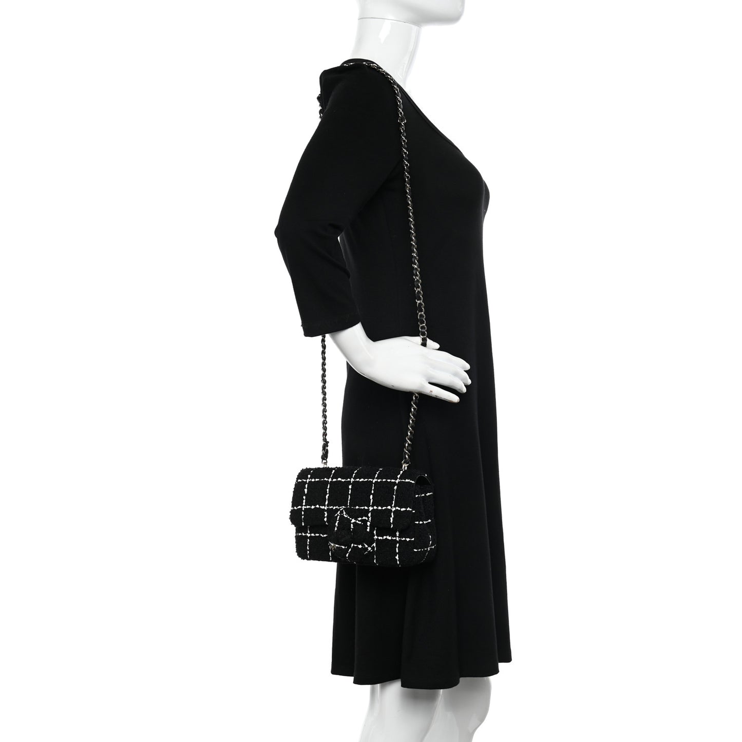 Tweed Quilted Mini Rectangular Camellia Flap Black White