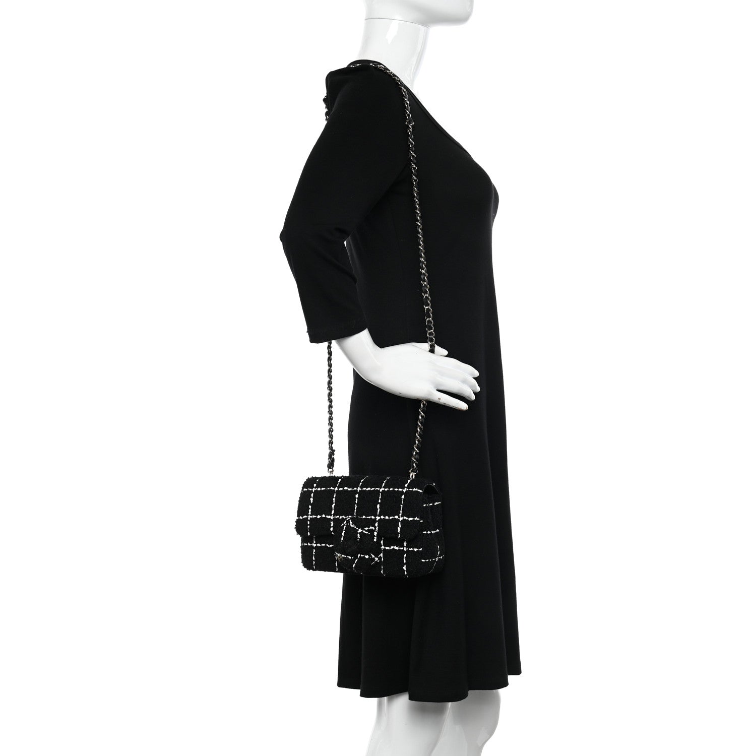 Chanel Tweed Quilted Mini Rectangular Camellia Flap Black White 2 of 11