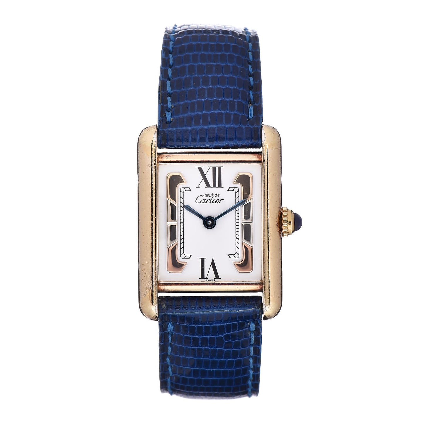 Sterling Silver Vermeil Lizard 20mm Must de Cartier Tank Quartz Watch Blue