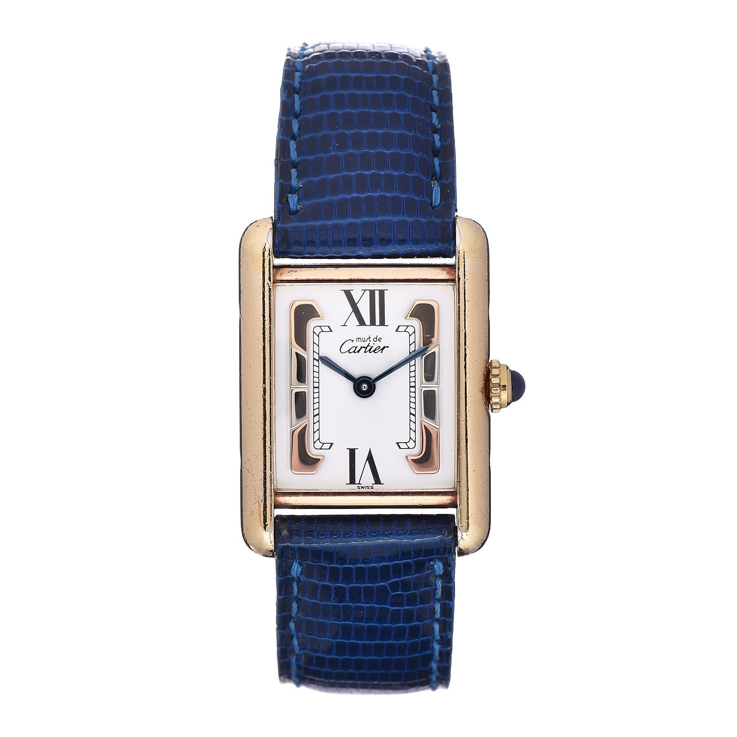 Cartier Sterling Silver Vermeil Lizard 20mm Must de Cartier Tank Quartz Watch Blue 1 of 8