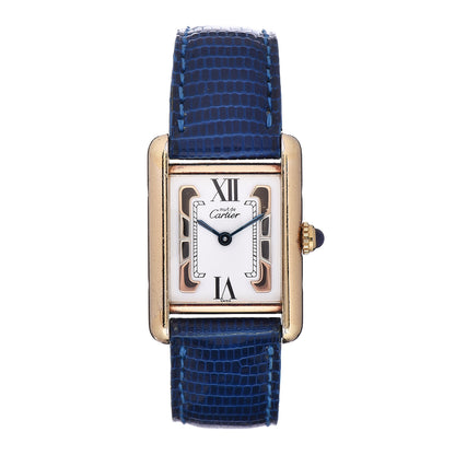 Cartier Sterling Silver Vermeil Lizard 20mm Must de Cartier Tank Quartz Watch Blue 1 of 8