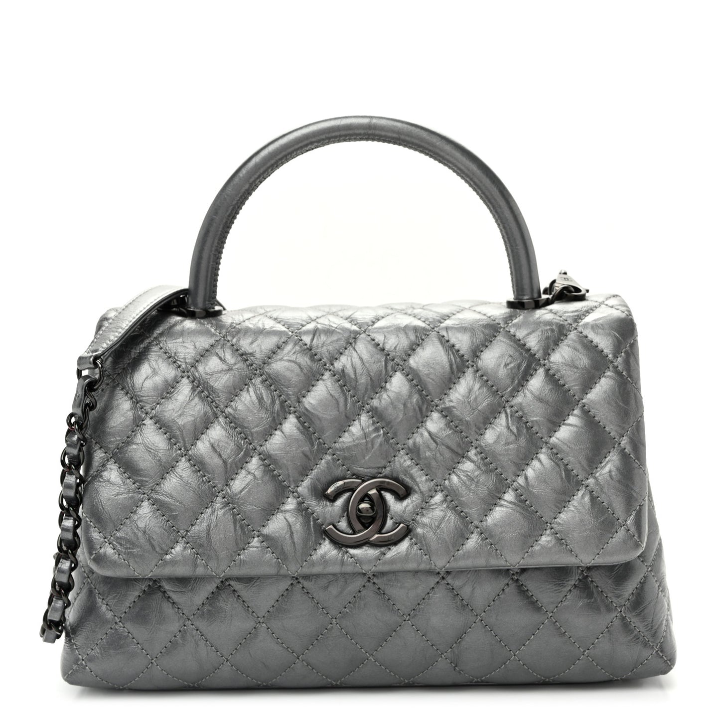 Metallic Aged Calfskin Quilted Small Coco Handle Flap Charcoal