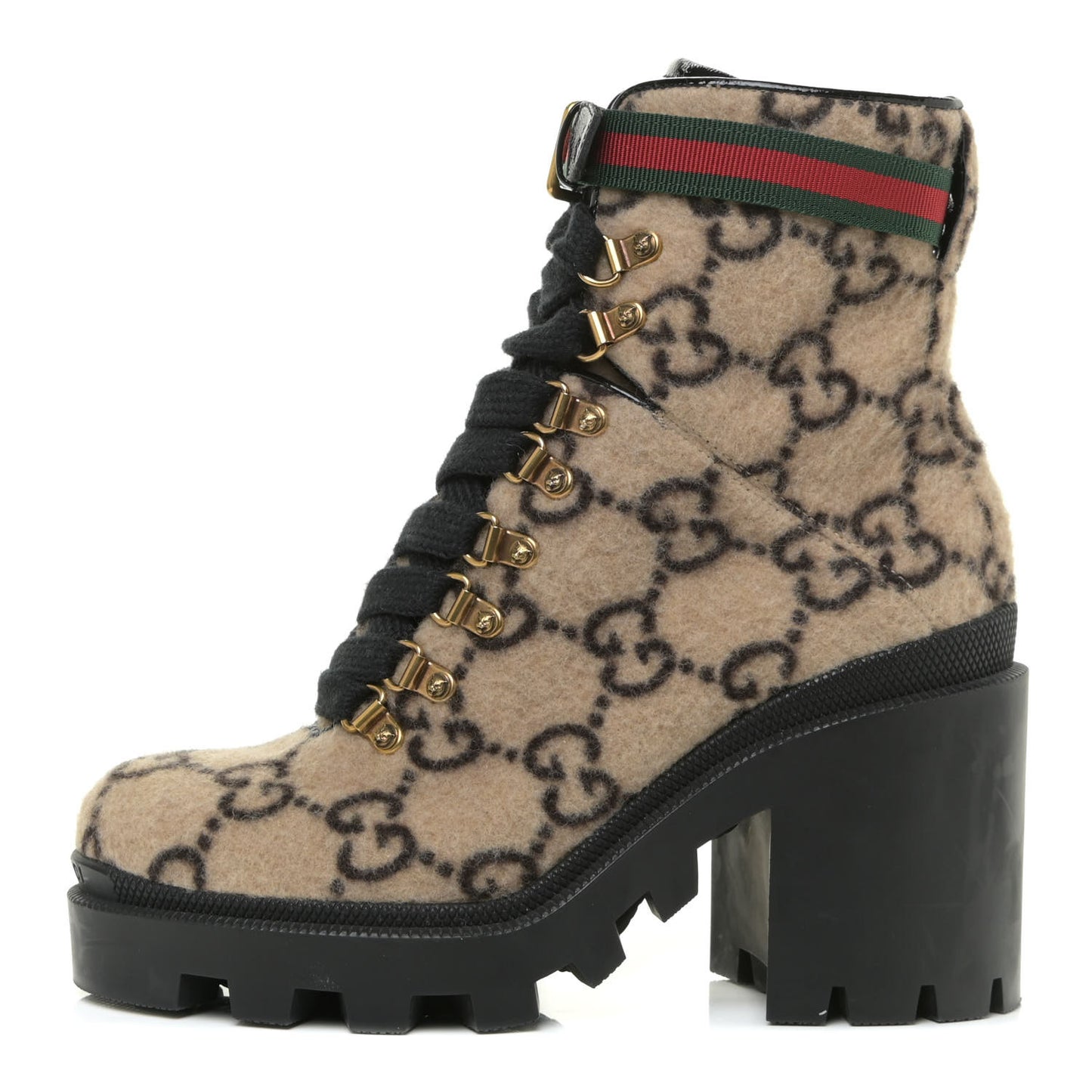Covered Wool GG Monogram Womens Lace Up Combat Ankle Boots 37 Beige Ebony Black