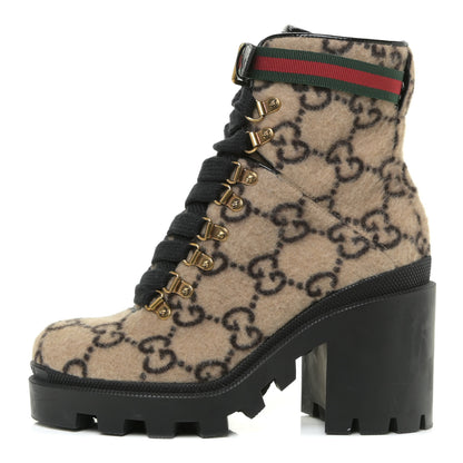 Gucci Covered Wool GG Monogram Womens Lace Up Combat Ankle Boots 37 Beige Ebony Black 1 of 14