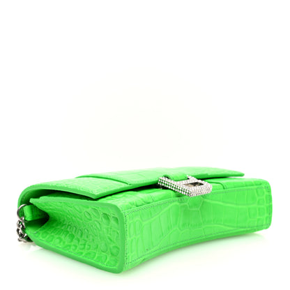 Balenciaga Shiny Calfskin Strass Crocodile Embossed Hourglass Chain Bag Fluo Green 4 of 9
