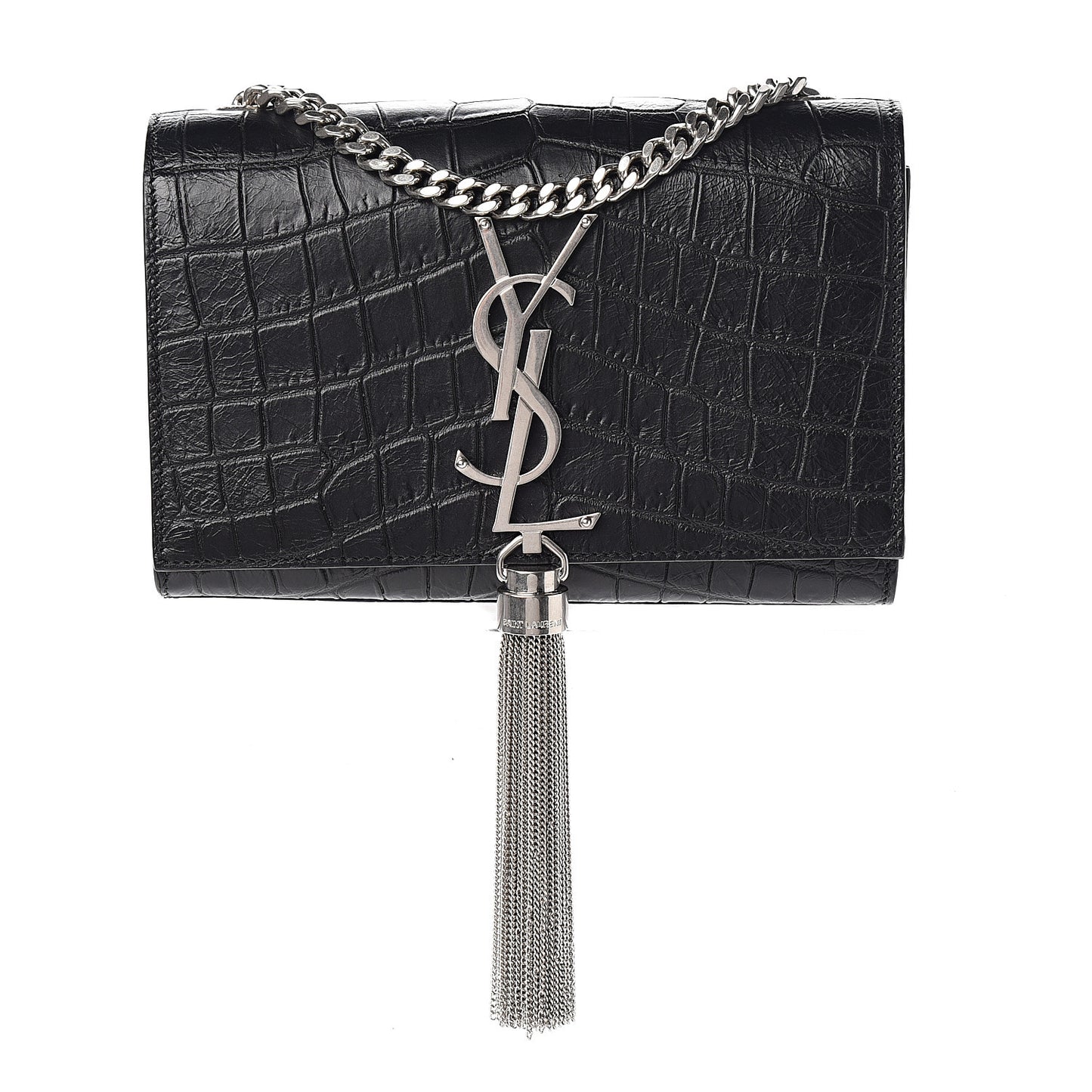 Calfskin Crocodile Embossed Small Classic Monogram Kate Tassel Satchel Black