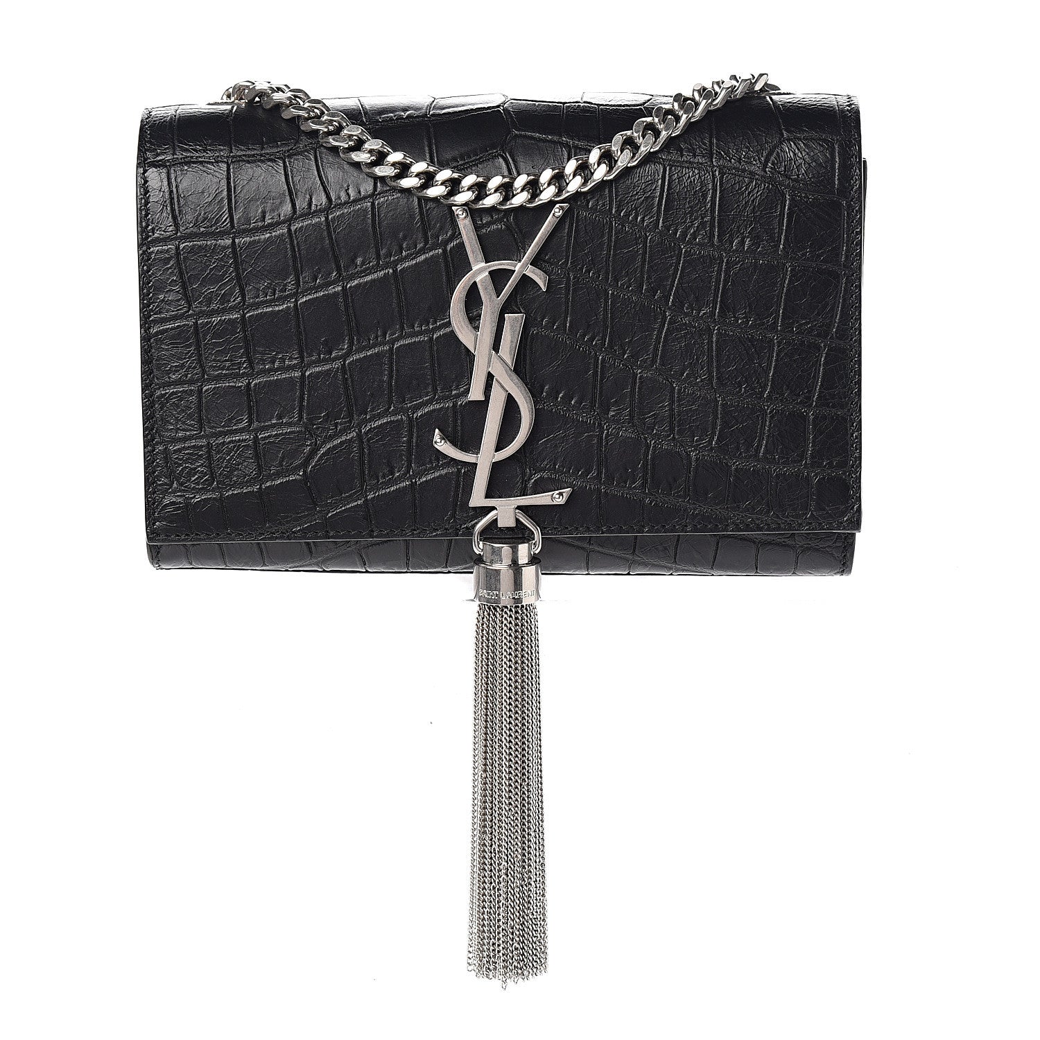 Saint Laurent Calfskin Crocodile Embossed Small Classic Monogram Kate Tassel Satchel Black 1 of 8
