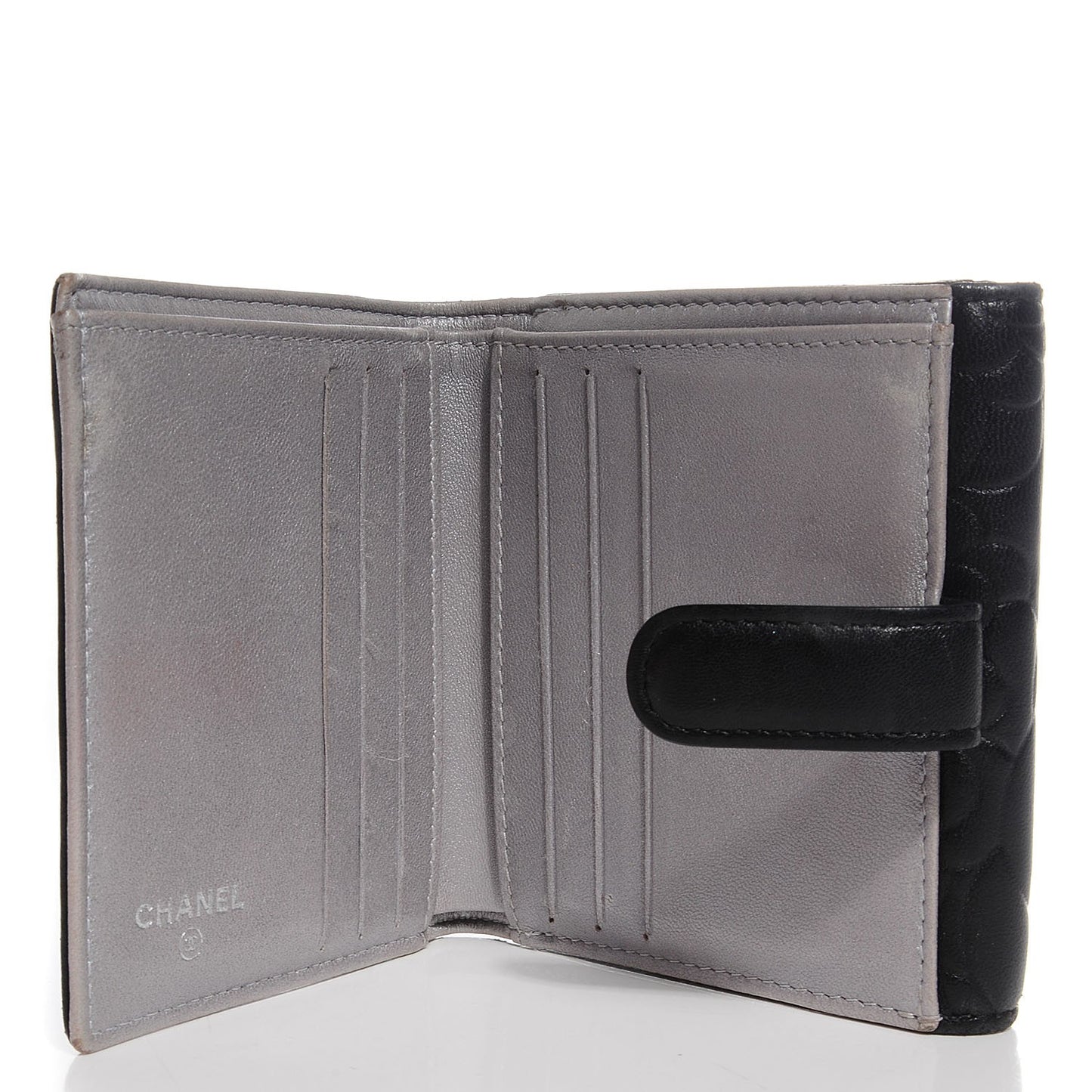 Lambskin Camellia Embossed French Wallet Black