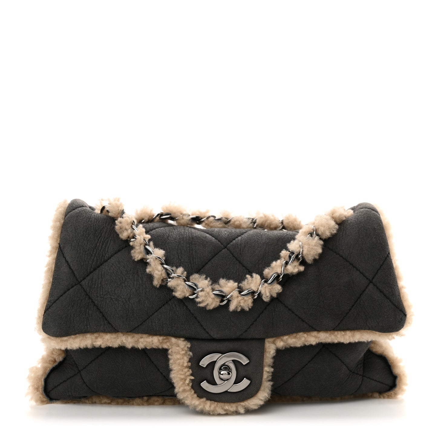 Shearling Quilted Medium Single Flap Grey