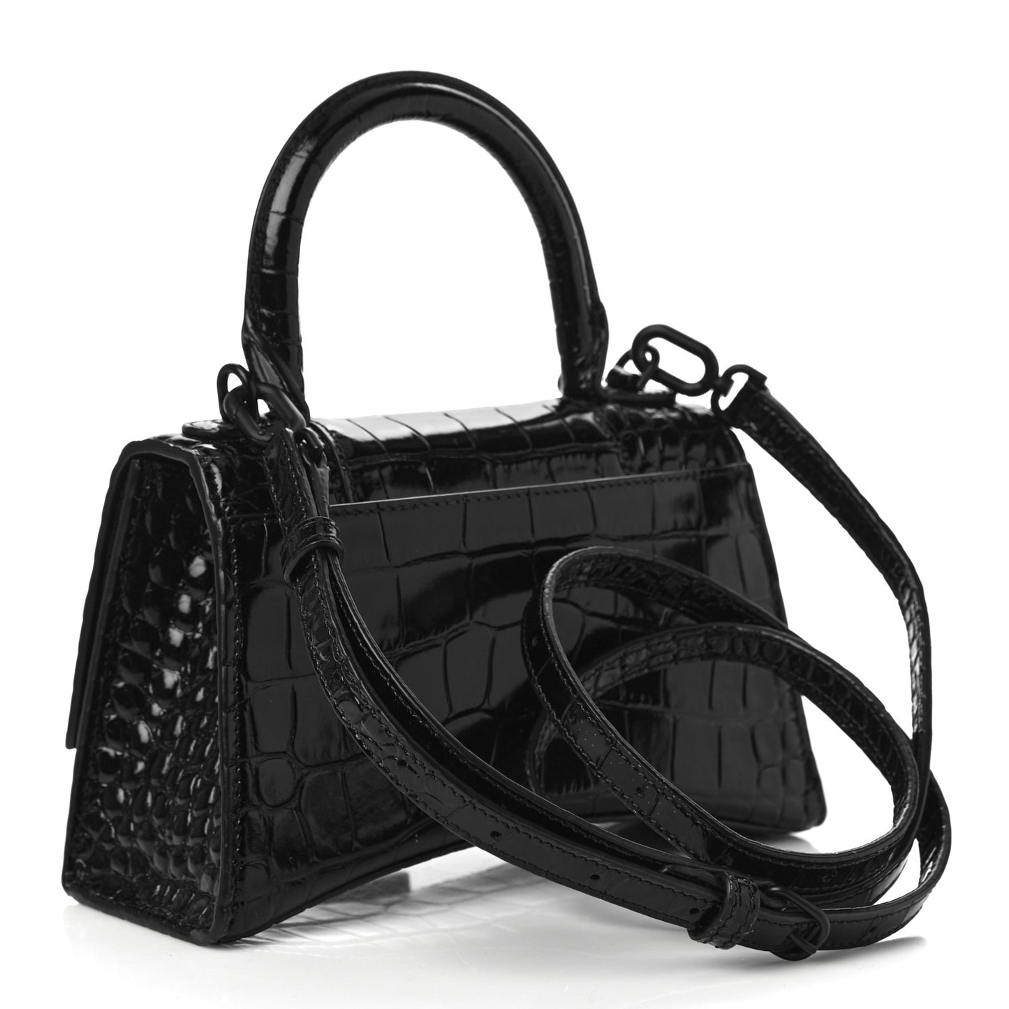 Shiny Calfskin Monochrome Crocodile Embossed Hourglass Top Handle Bag XS Black