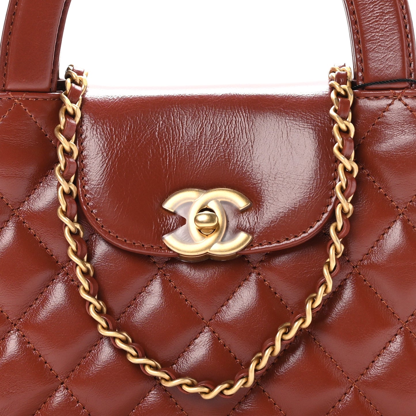 Shiny Aged Calfskin Quilted Nano Kelly Shopper Brown