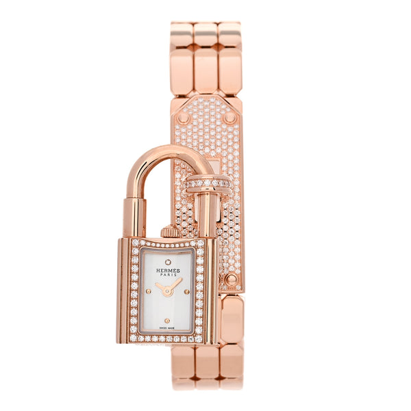 Hermes 18K Rose Diamond Pave 16mm Kelly Quartz Watch 1831461