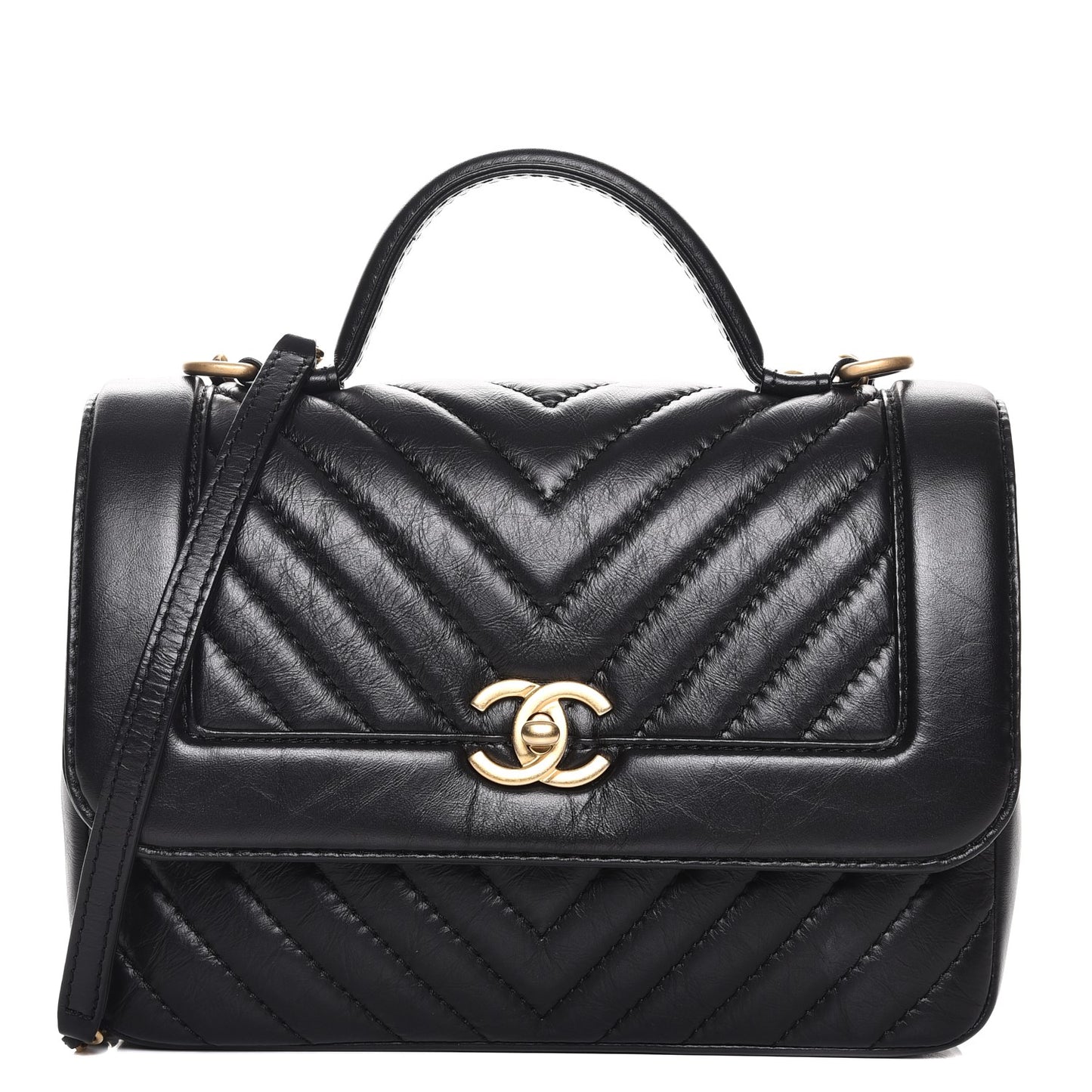 Calfskin Chevron Quilted Top Handle Flap Black