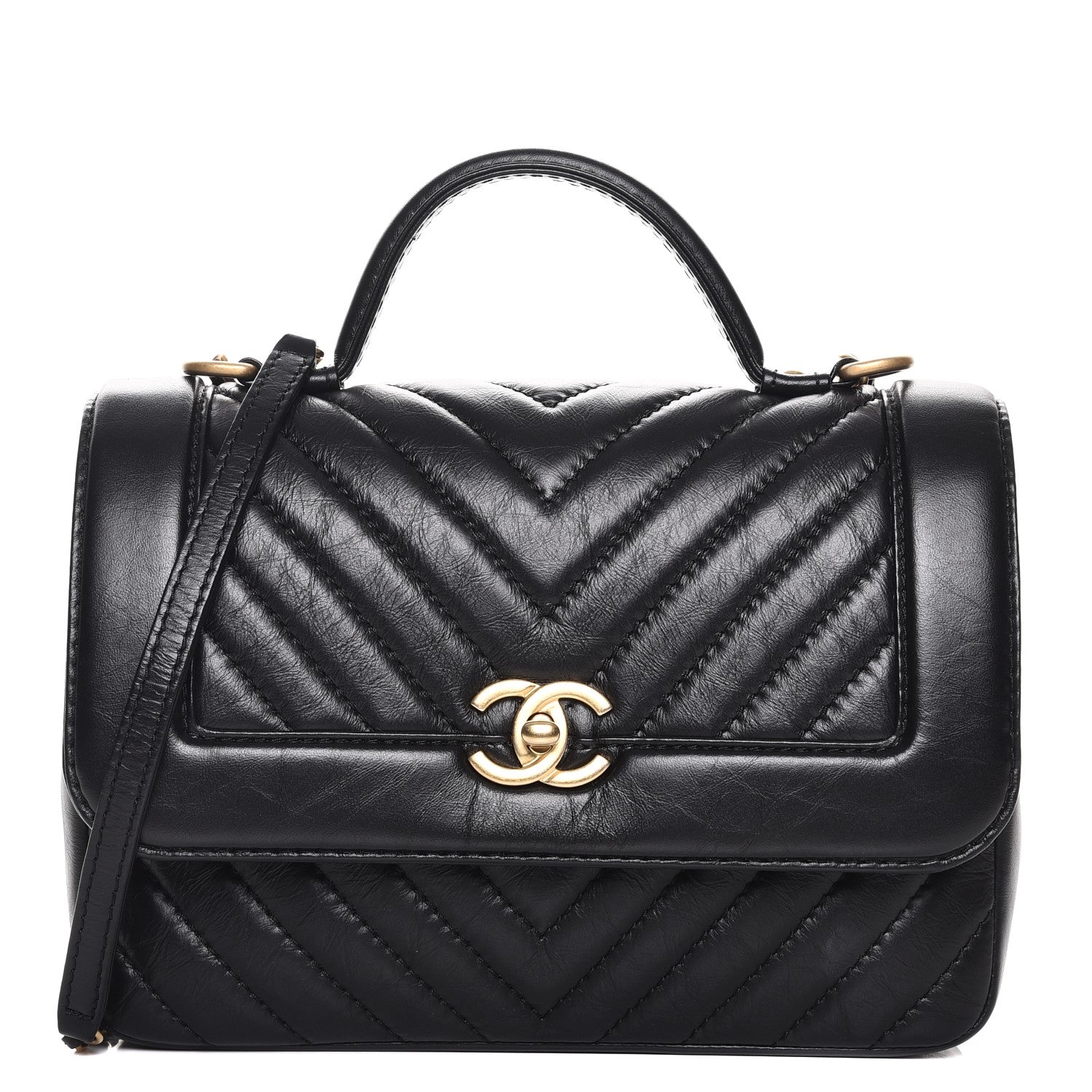 Chanel Calfskin Chevron Quilted Top Handle Flap Black 1 of 8