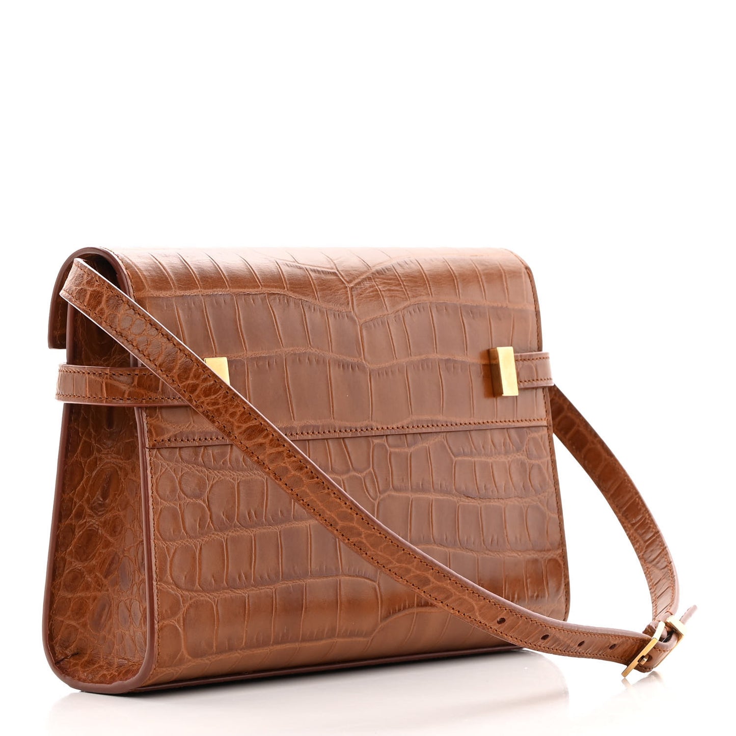 Shiny Calfskin Crocodile Embossed Small Manhattan Baguette Dark Caramel