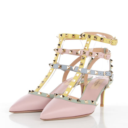 Valentino Garavani Nappa Watercolor Rockstud Ankle Strap 65mm Pumps 37.5 Rose Green Yellow Sky 3 of 8