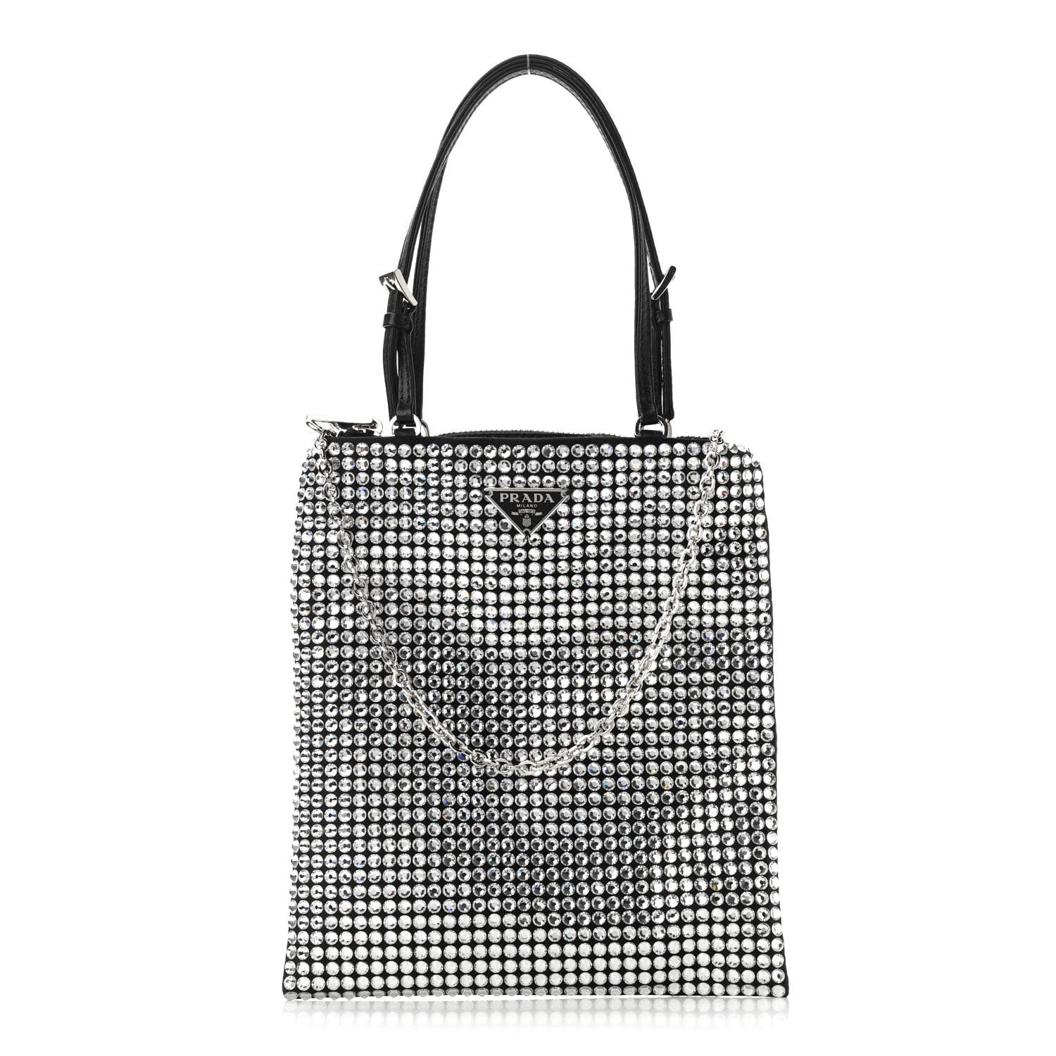 Prada Satin Crystal Metal Triangle Logo Chain Crossbody Handbag Cristal 1 of 10