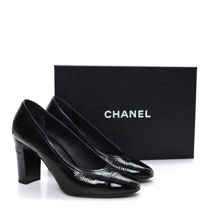 Chanel Crumpled Goatskin Patent Calfskin Crystal Cap Toe Logo Pumps 39 Black 10 of 10