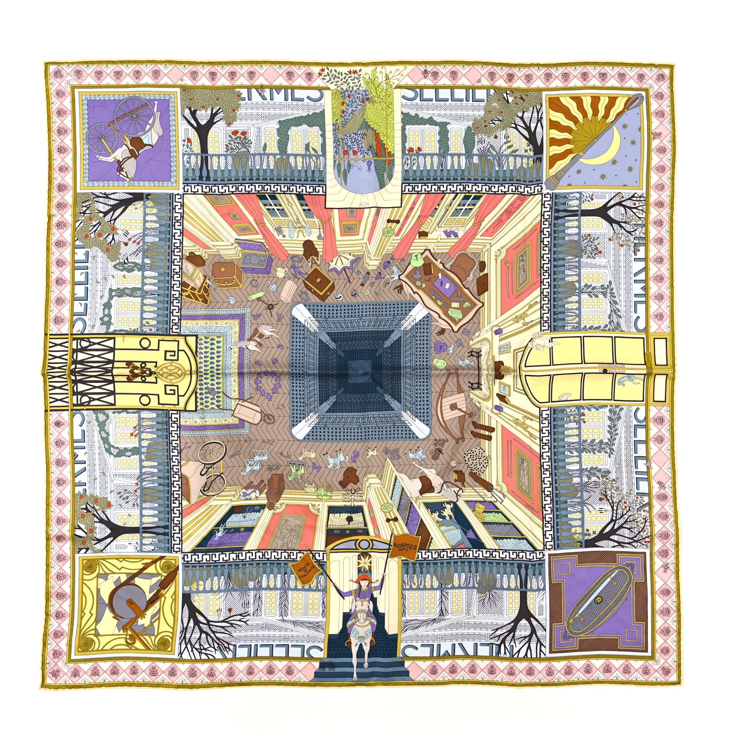 Hermes Silk Objets de Curiosite Scarf 90 Bleu Gris Jaune Soufre Rose 1 of 3