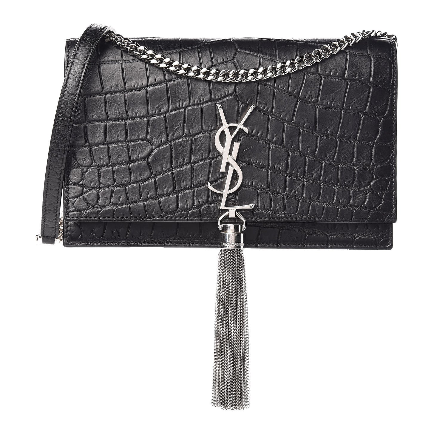 Calfskin Crocodile Embossed Kate Monogram Tassel Chain Wallet Black