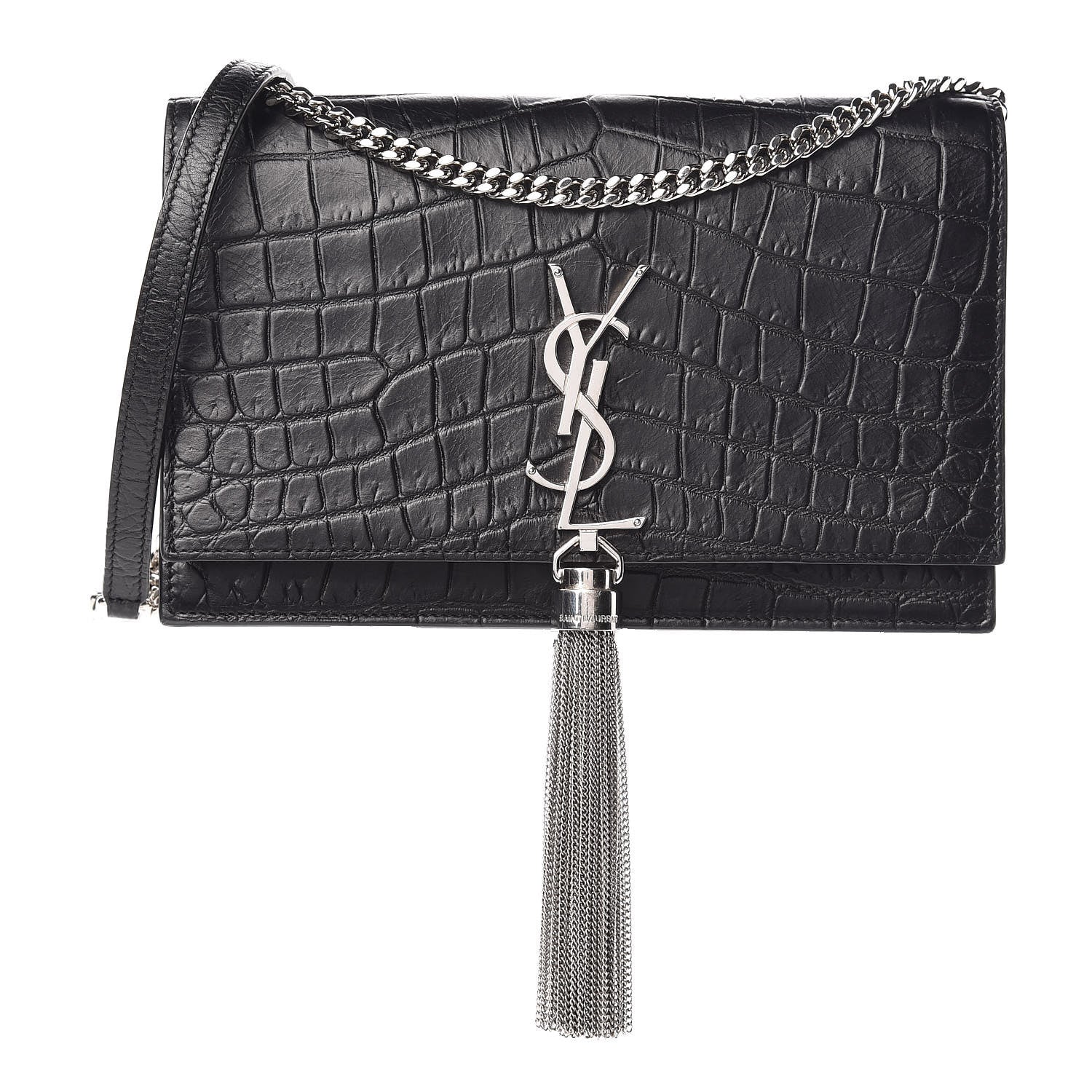 Saint Laurent Calfskin Crocodile Embossed Kate Monogram Tassel Chain Wallet Black 1 of 10
