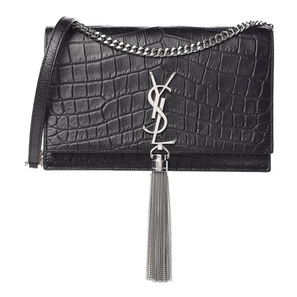 Saint Laurent Calfskin Crocodile Embossed Kate Monogram Tassel Chain Wallet Black 1 of 10