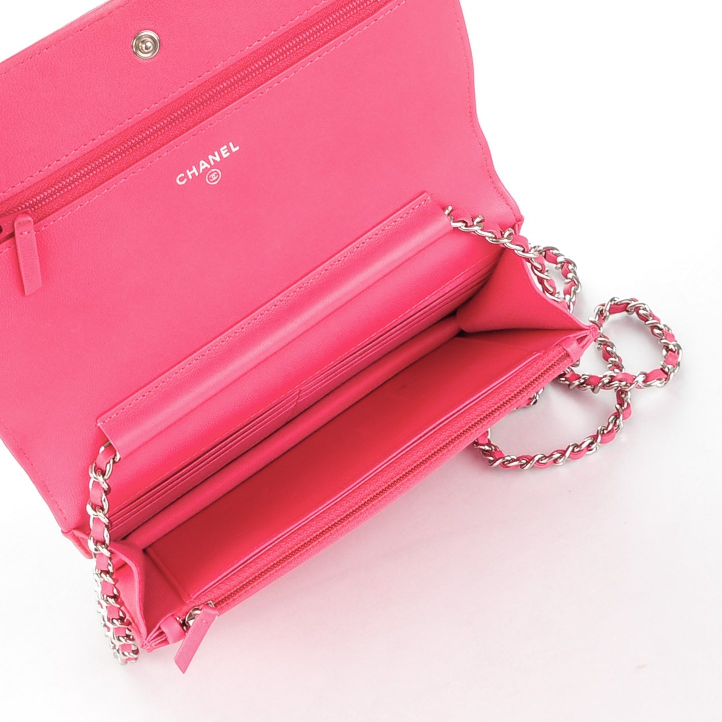 Lambskin Quilted Diamond CC Wallet On Chain WOC Dark Pink