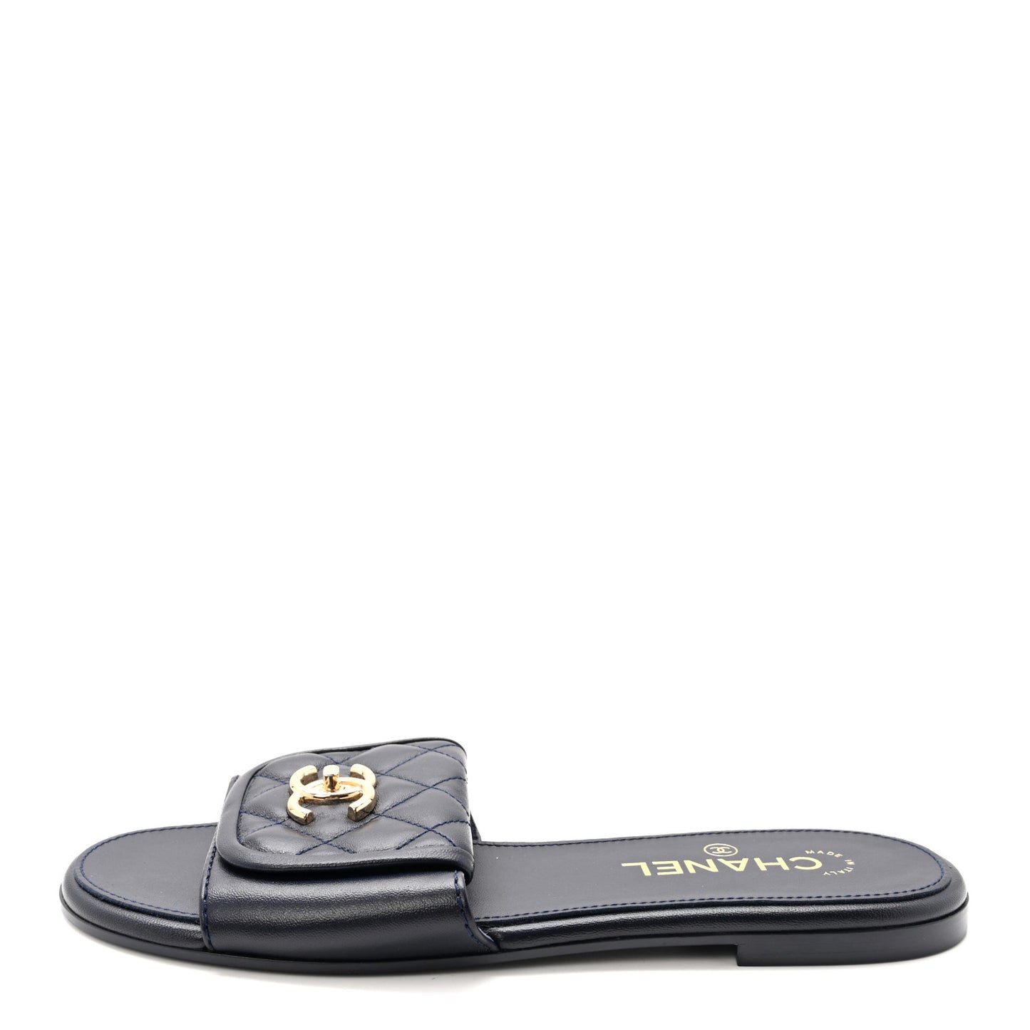 Lambskin Quilted Turnlock Flat Mules 38.5 Navy