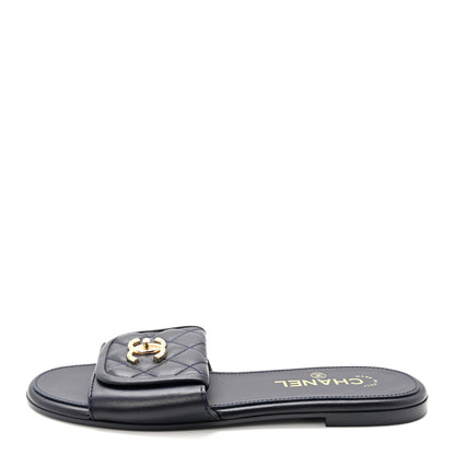 Chanel Lambskin Quilted Turnlock Flat Mules 38.5 Navy 1 of 9