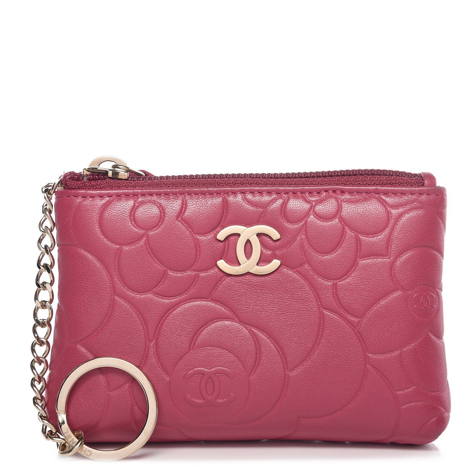Chanel Lambskin Camellia Embossed Key Holder Case Fuchsia 1 of 9