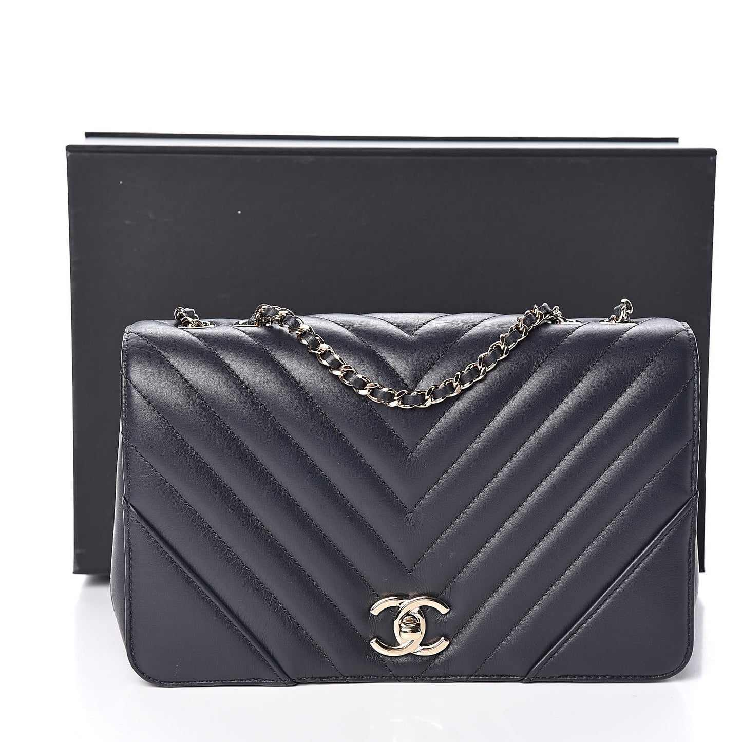 Calfskin Chevron Quilted Statement Flap Navy Blue