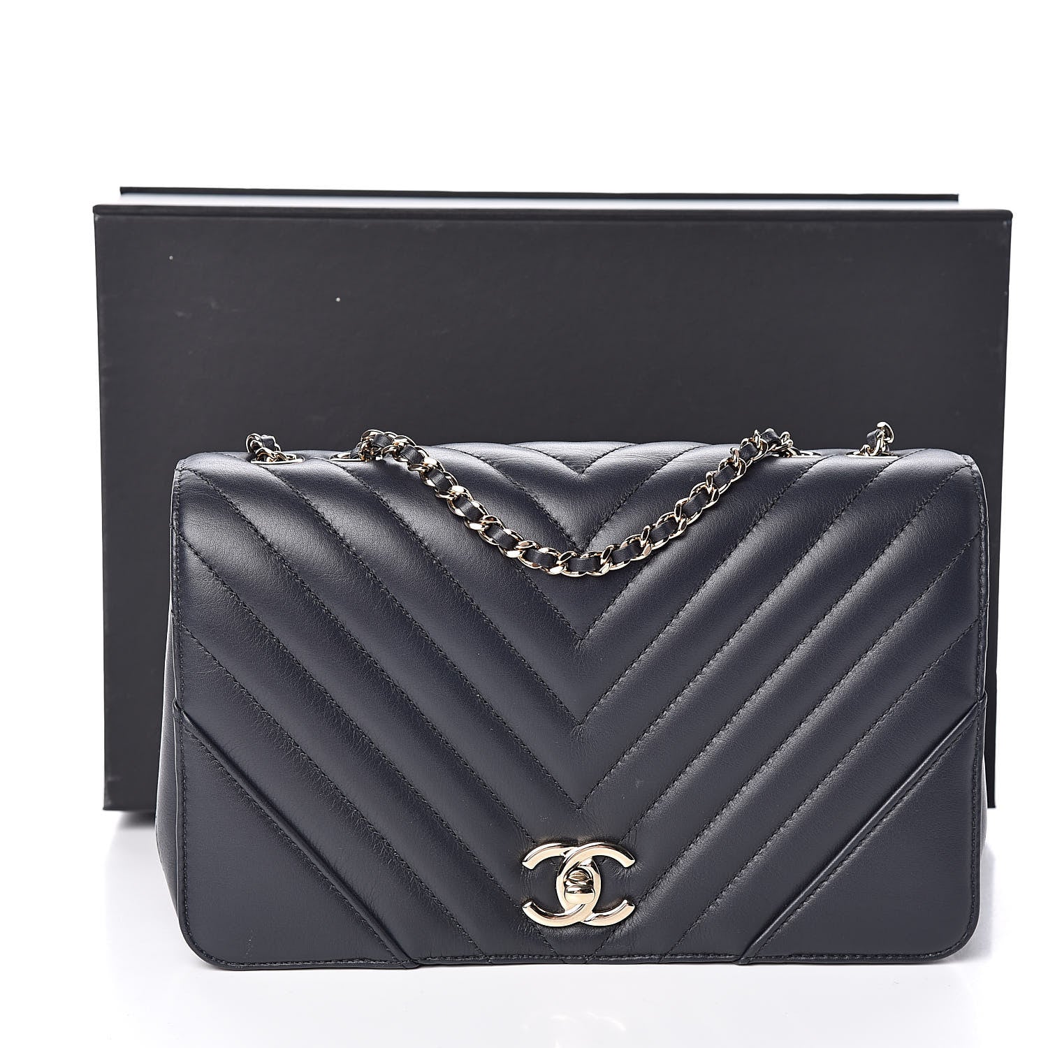 Chanel Calfskin Chevron Quilted Statement Flap Navy Blue 11 of 11