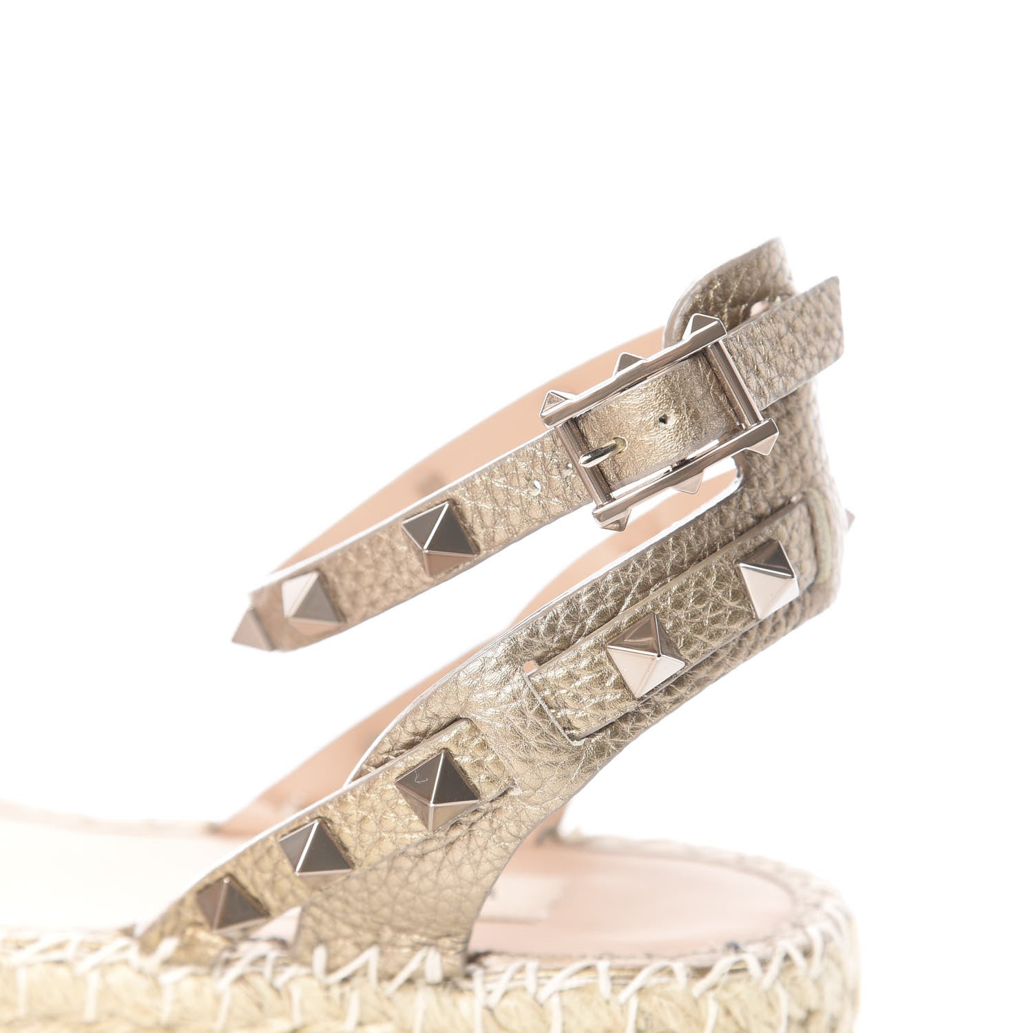 Valentino Garavani Metallic Calfskin Rockstud Ankle Strap Espadrille Flat Sandals 39 Skin 10 of 11