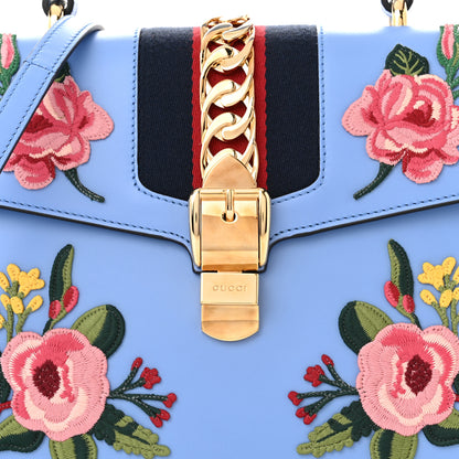 Gucci Calfskin Embroidered Medium Sylvie Top Handle Bag Clear Sky Blue 8 of 11