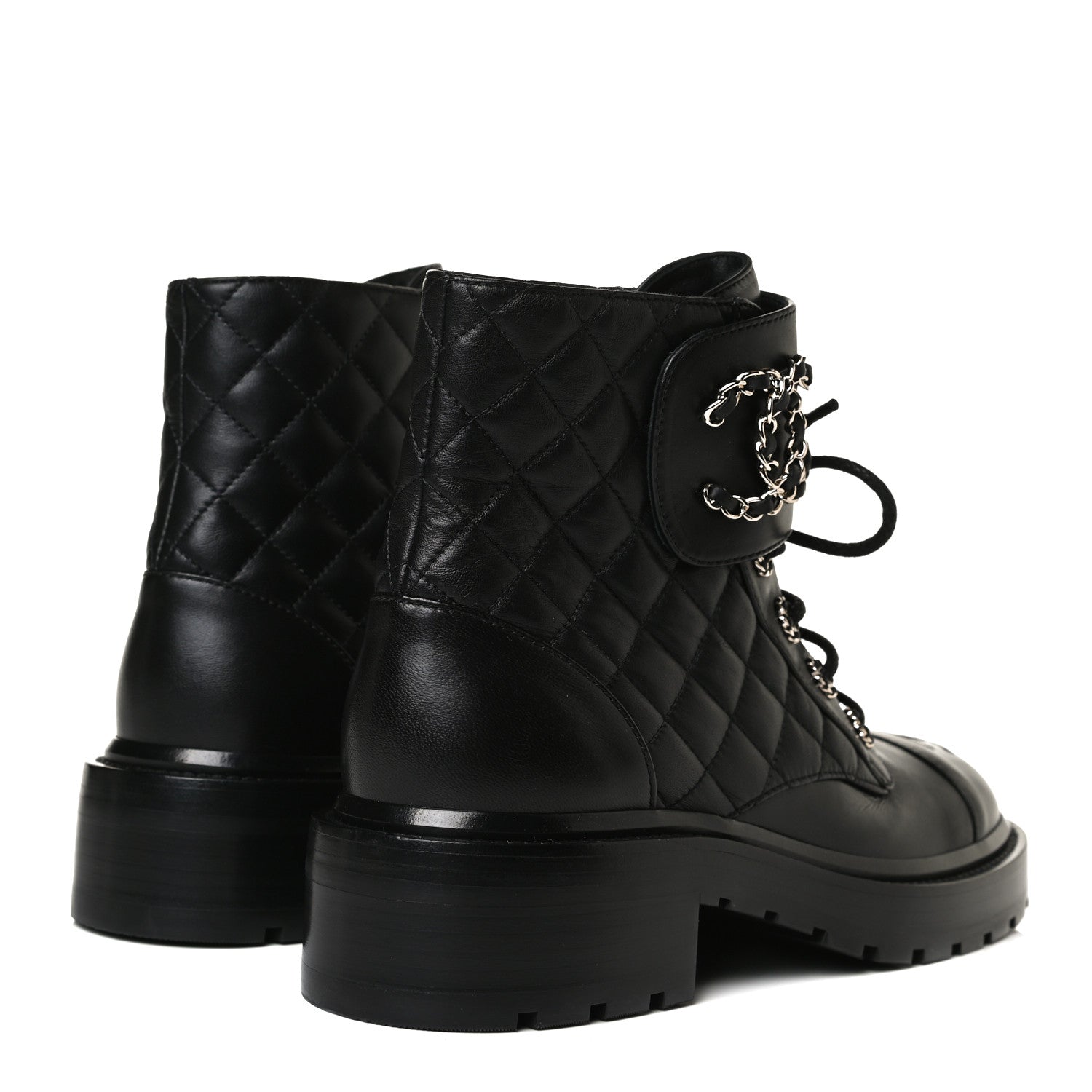 Chanel Shiny Lambskin Quilted Lace Up Combat Boots 37.5 Black 4 of 14