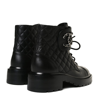 Chanel Shiny Lambskin Quilted Lace Up Combat Boots 37.5 Black 4 of 14