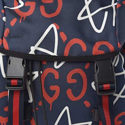 Gucci Techno Canvas GucciGhost Double Buckle Backpack Blue Agata Hibiscus Red 11 of 11