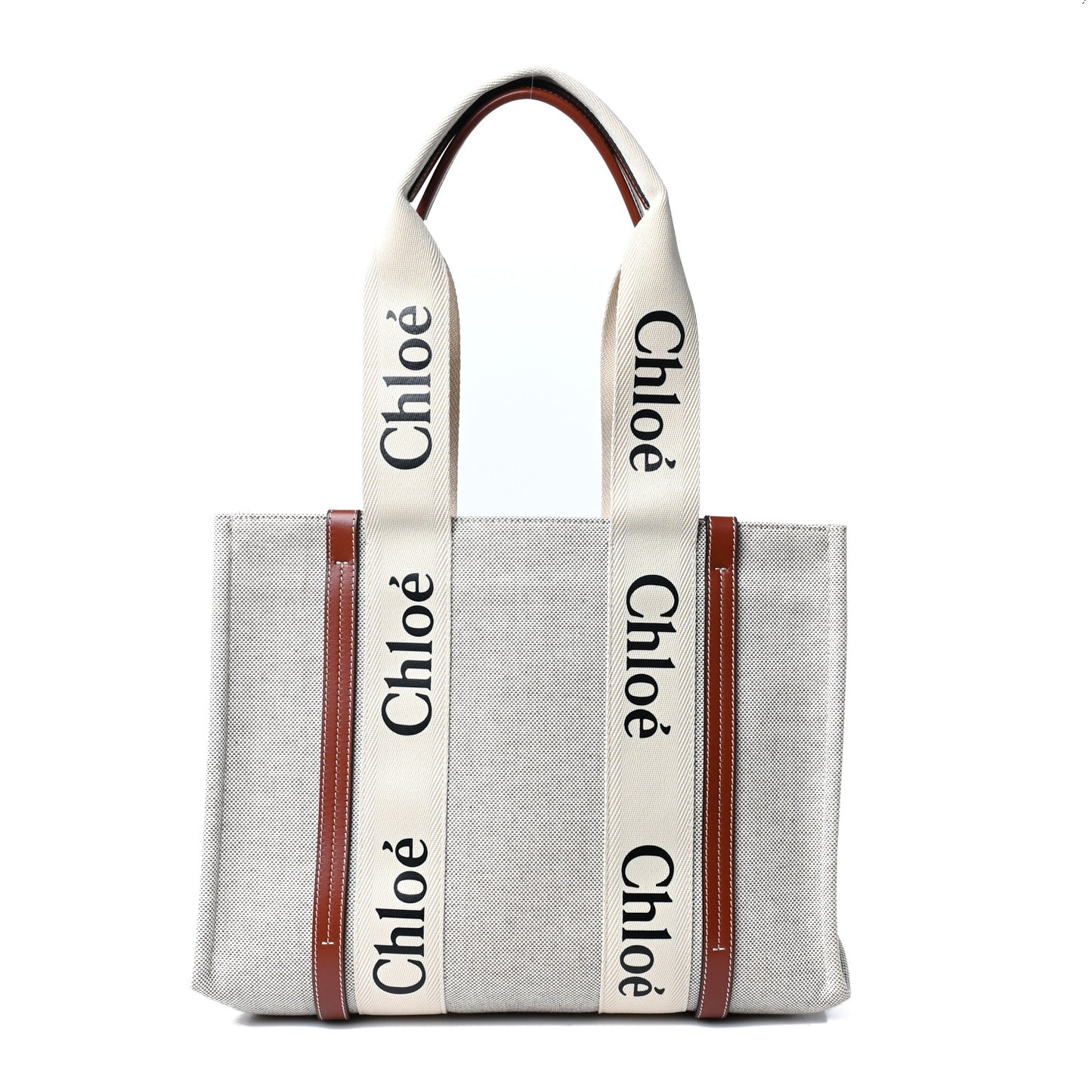 Cotton Calfskin Medium Woody Ribbon Tote White Brown