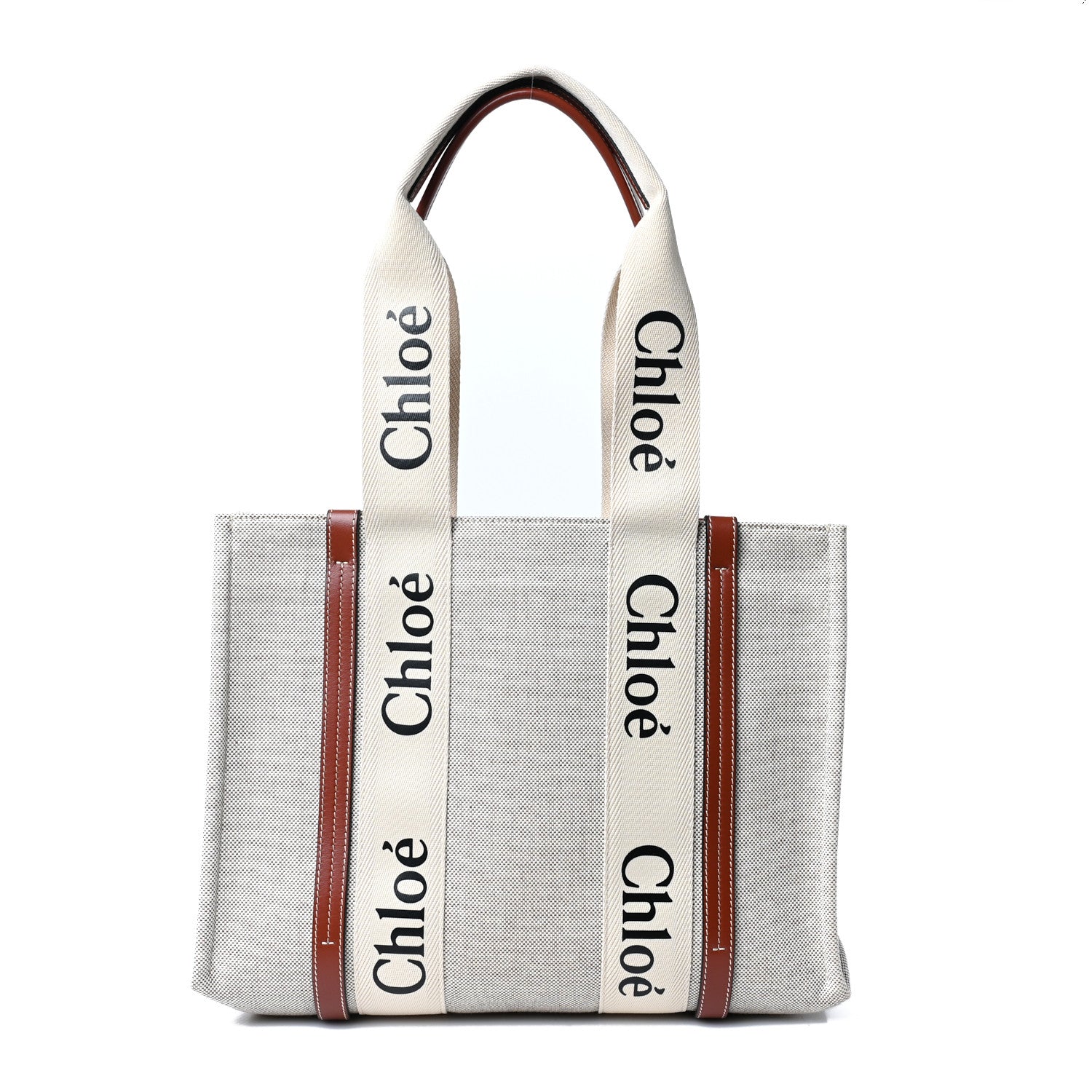 Chloe Cotton Calfskin Medium Woody Ribbon Tote White Brown 1 of 8