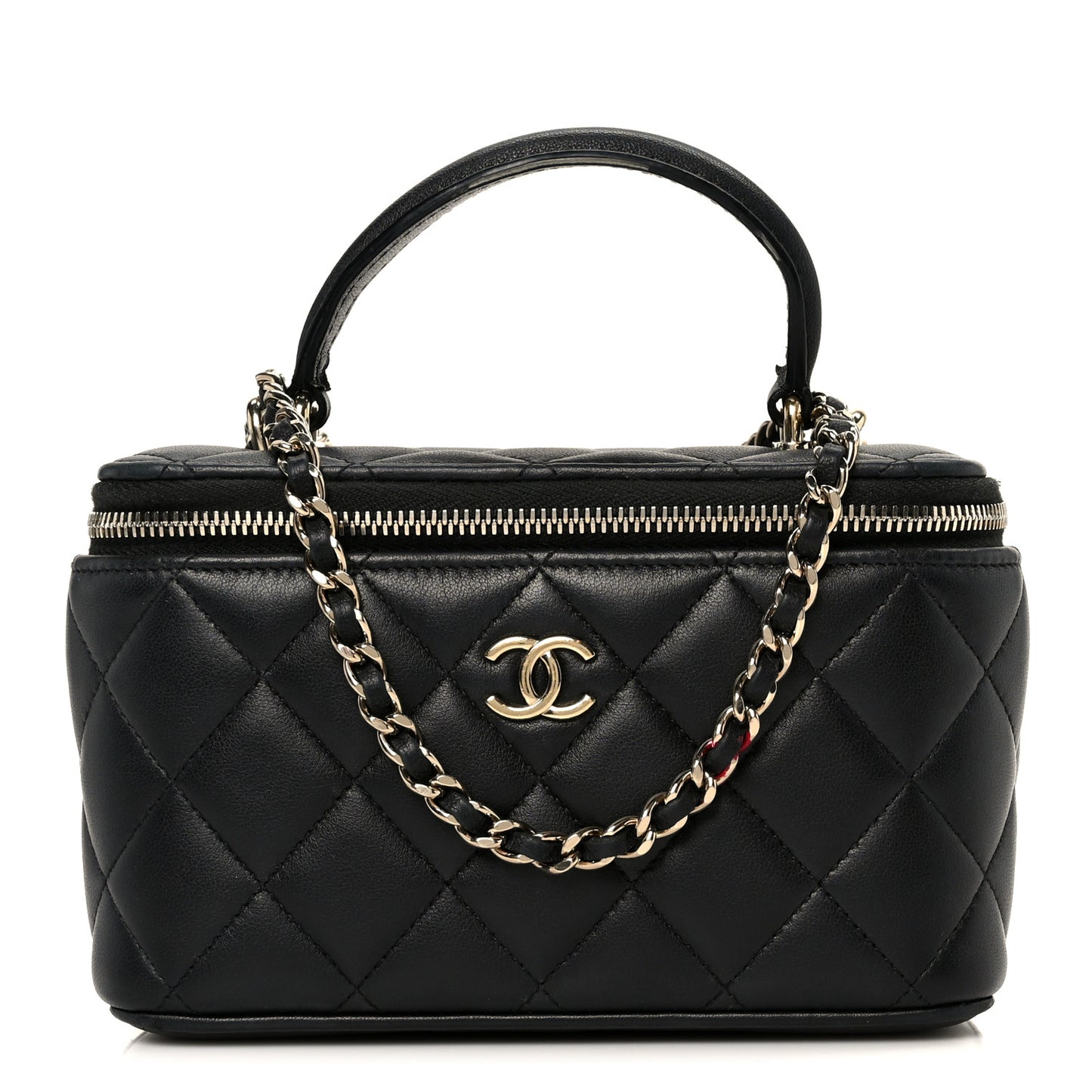 Lambskin Quilted Small Top Handle Vanity Case With Chain Black