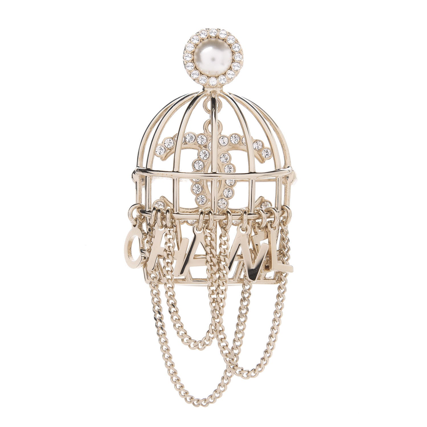 Chanel Pearl Crystal Birdcage Pin Brooch Light Gold 1 of 5