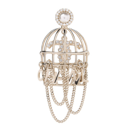 Chanel Pearl Crystal Birdcage Pin Brooch Light Gold 1 of 5