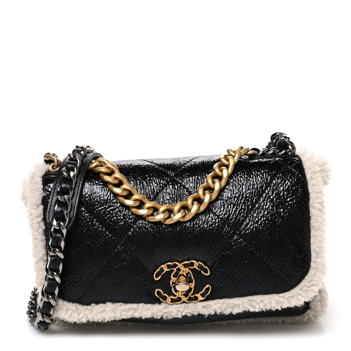 Chanel Crumpled Calfskin Shearling Sheepskin Quilted Medium Chanel 19 Flap Black 1 of 9