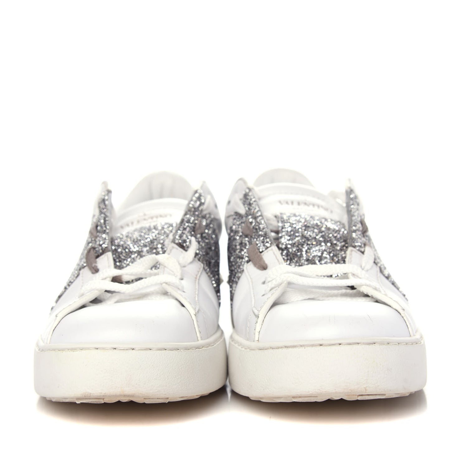 Calfskin Glitter Rockstud Open Sneakers 39 White Silver