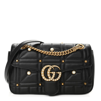 Gucci Calfskin Matelasse Studded Small Pearly GG Marmont Shoulder Bag Black 1 of 10
