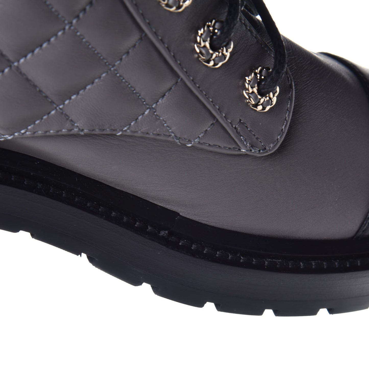 Shiny Lambskin Quilted Lace Up Combat Boots 38 Grey Black