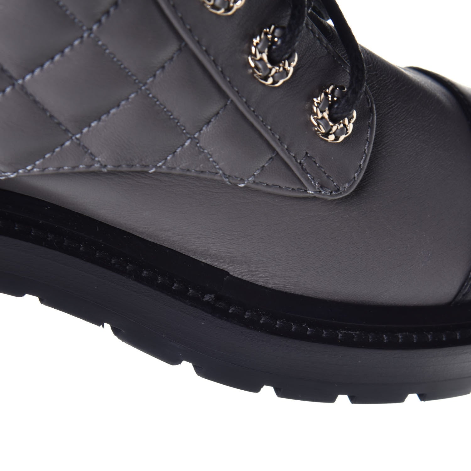 Chanel Shiny Lambskin Quilted Lace Up Combat Boots 38 Grey Black 10 of 10